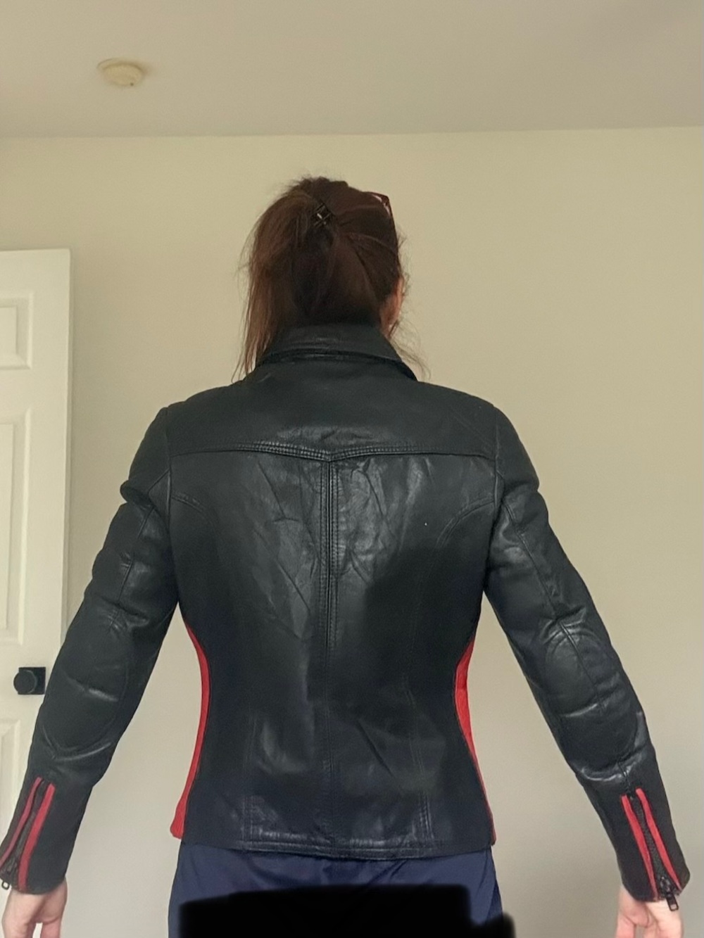 Black Leather Motorcycle Jacket with Red Trim - Women's - Picture 8 of 15